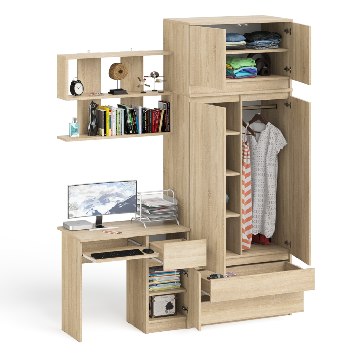 Домашние кабинеты, Шкаф с антресолью Мори МА900.1 с компьютерным столом МС-1 правым и книжной полкой