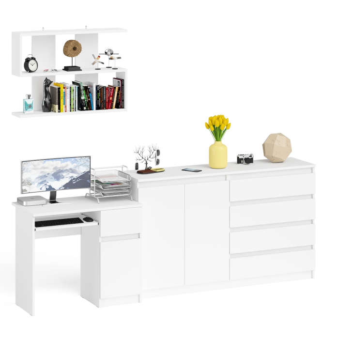 Домашние кабинеты, Тумба-комод с дверками и ящиками на 1600 со столом с тумбой и ящиком справа и навсеной полкой Мори