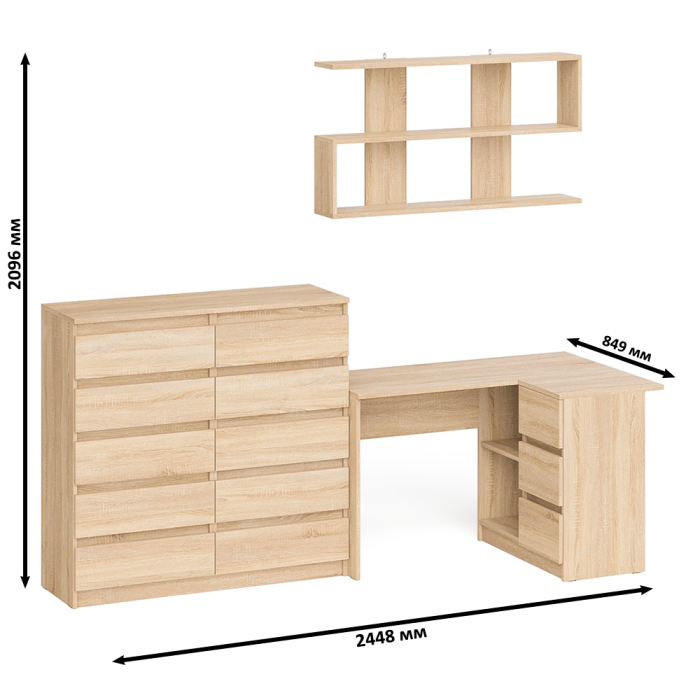 Домашние кабинеты, Набор мебели из углового компьютерного стола Мори МС-16 правого с книжной полкой и комода МК1200.10