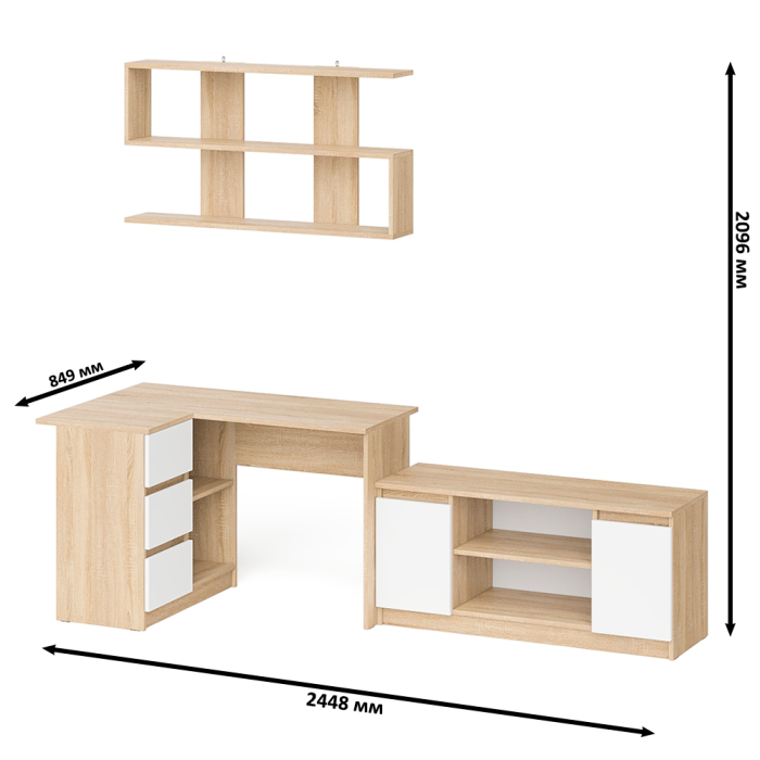 Домашние кабинеты, Угловой стол компьютерный Мори МС-16 левый с тумбой под ТВ и полкой для книг