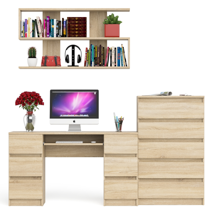 Домашние кабинеты, Стол для работы МС-2 с высоким комодом на пять ящиков и навесной полкой Мори