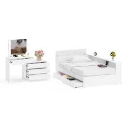Туалетный столик для спальни с подсветкой 110 и Ксения кровать 1200 с ящиками и прикроватный блок