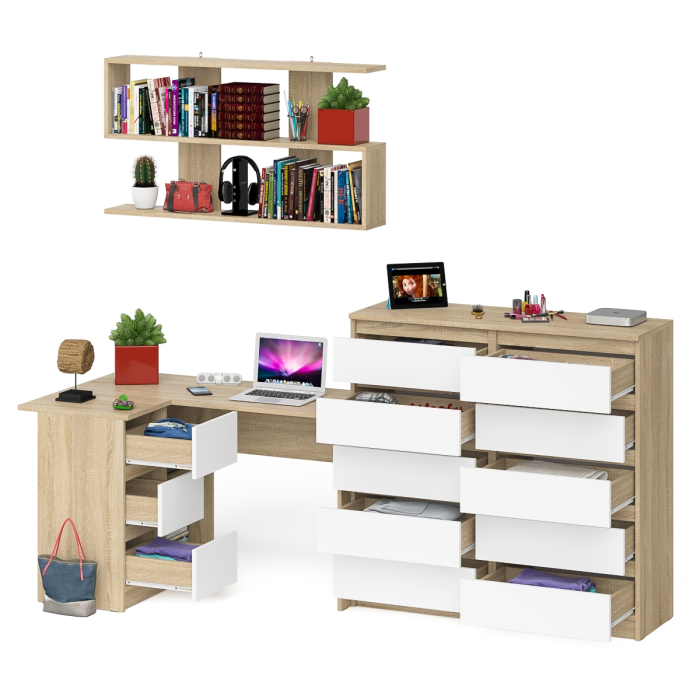 Домашние кабинеты, Стол угловой компьютерный Мори МС-16 левый с комодом на 10-ть ящиков и полкой на 1200