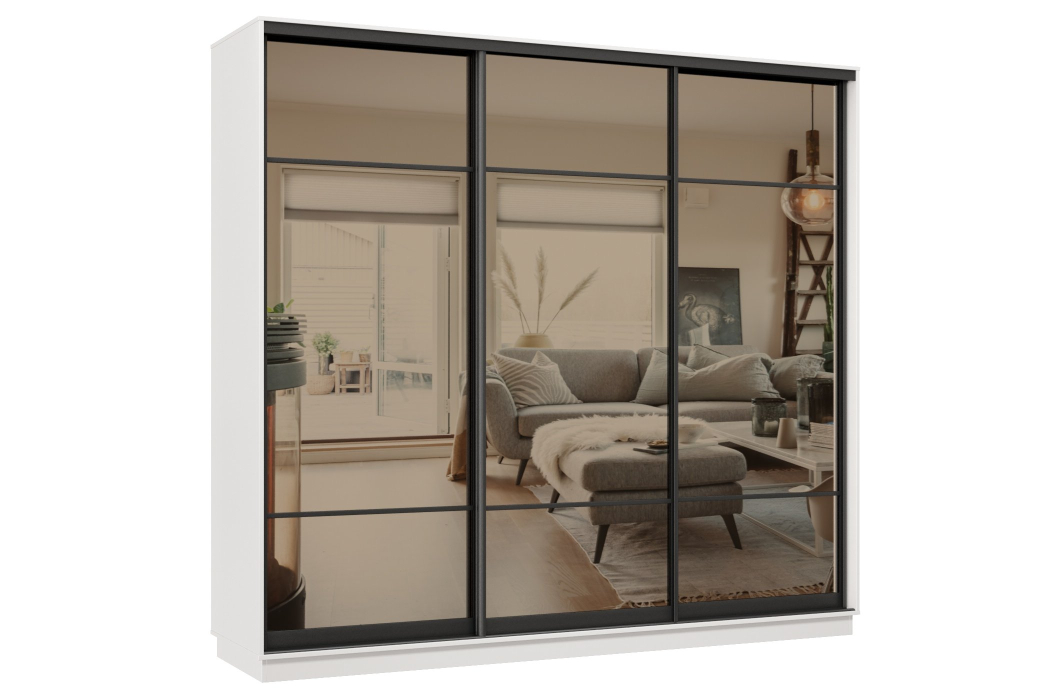 Шкафы-купе 3-х дверные, Шкаф-купе Премьер 35 (11ЗБ;11ЗБ;11ЗБ) фасады зеркало бронза/трёхдверный/Профиль чёрный муар