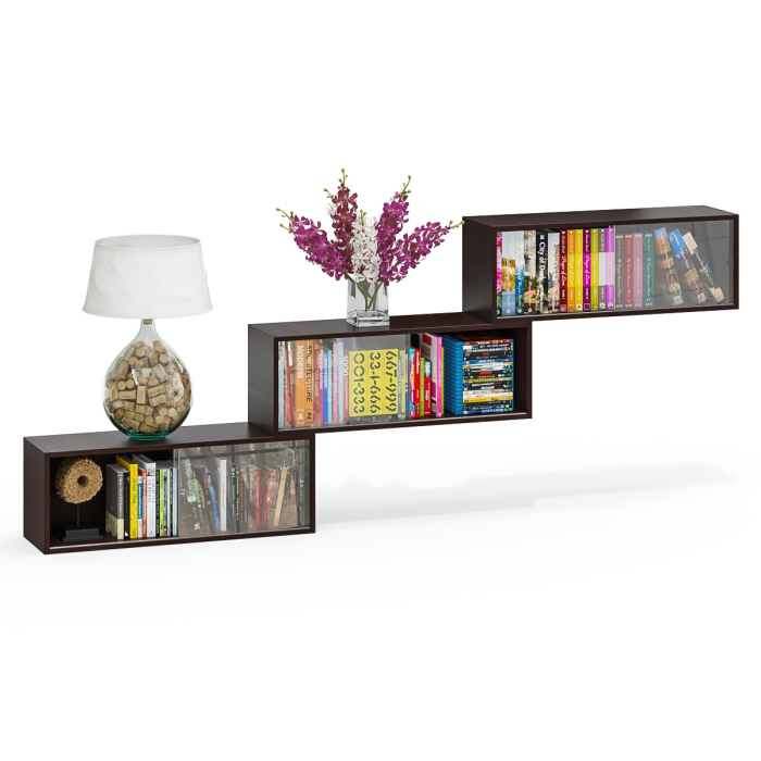 Настенные полки, Три книжные полки КН1 со стеклянными сдвижными дверками