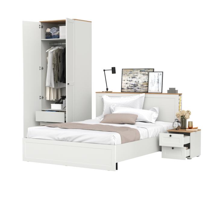 Спальные гарнитуры, Шкаф для одежды двухдверный Остин с кроватью с ортопедом и прикроватной тумбочкой