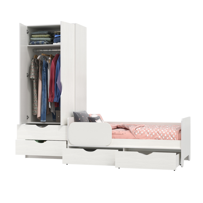 Для девочек, Кровать детская с ящиками со шкафом Mobi Уна белый (Поры дерева), сп. м. 800х1600 мм