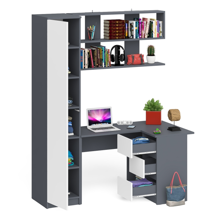 Домашние кабинеты, Стол угловой компьютерный Мори МС-16 правый с пеналом с полками и навесной открытой полкой 1200