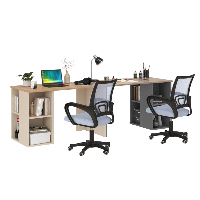 Прямые компьютерные столы, Набор для работы и учёбы из двух столов письменных Лайт 12.163 и двух серых кресел