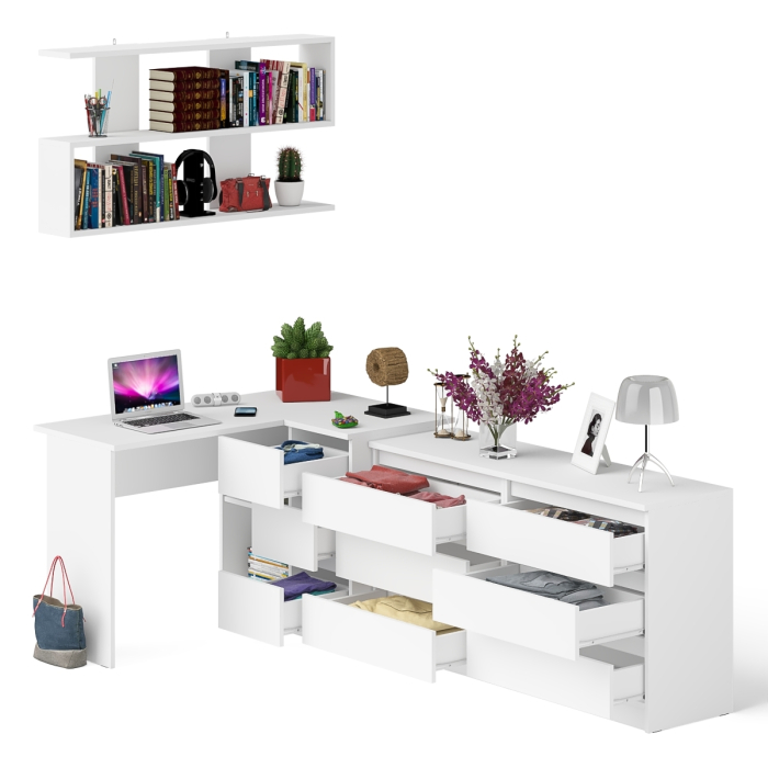 Домашние кабинеты, Комод широкий 6-ть ящиков Мори МК1380.6 с угловым компьютерным столом МС-16 правым и открытой книжной полкой