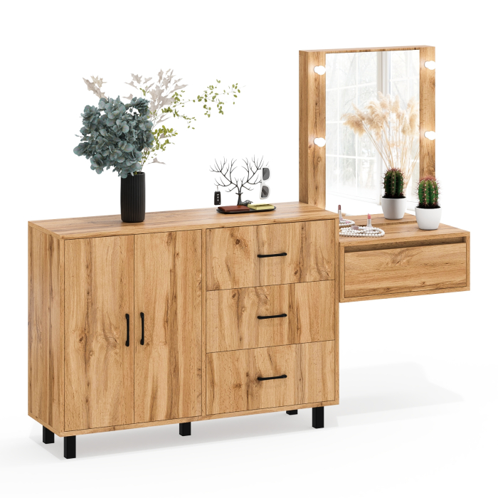 С зеркалом, Стол косметический навесной с подсветкой и тумба-комод 123-1204.