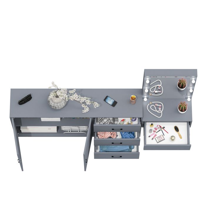 С зеркалом, Косметический навесной столик с подсветкой и комод с ящиками и дверками 123-1604