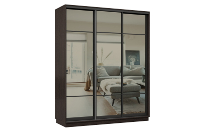 Шкаф-купе Премьер 24 (11ЗГ;11ЗГ;11ЗГ) фасады зеркало графит/трёхдверный/Профиль чёрный муар