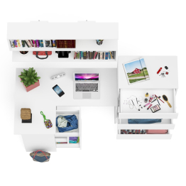 Угловой компьютерный стол Мори МС-16 левый с навесной полкой и высоким комодом на 5-ть ящиков