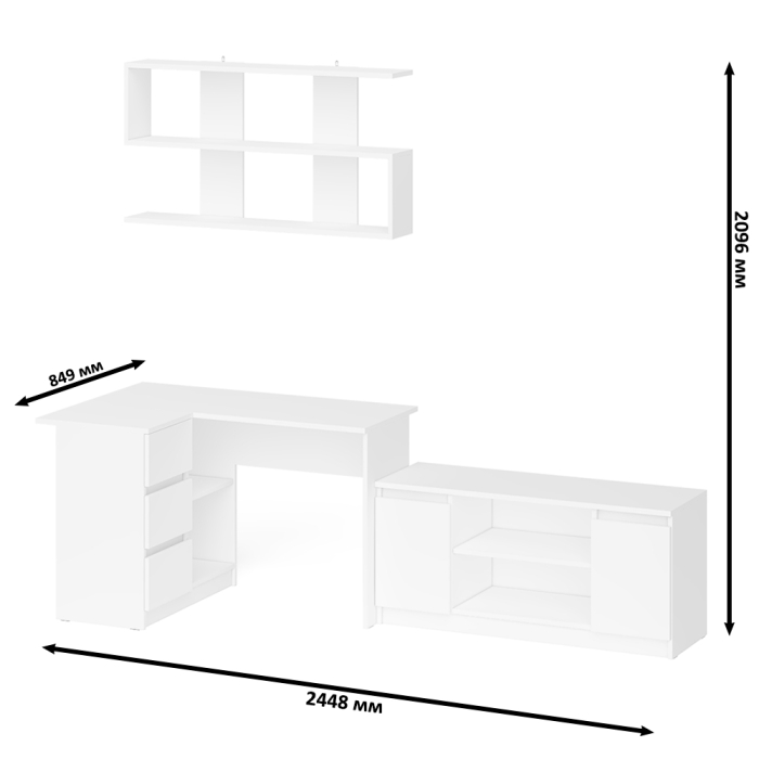 Домашние кабинеты, Угловой стол компьютерный Мори МС-16 левый с тумбой под ТВ и полкой для книг