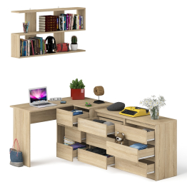 Стол угловой компьютерный Мори МС-16 правый с книжной полкой и комодом на шесть ящиков