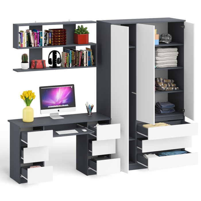 Домашние кабинеты, Шкаф-комод трёхдверный Мори МШ1200.1 с письменным столом и открытой книжной полкой