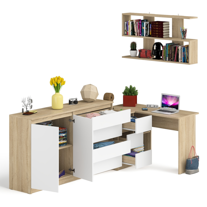 Домашние кабинеты, Угловой компьютерный стол с тремя ящиками Мори МС-16 левый с тумбой-комодом и книжной полкой