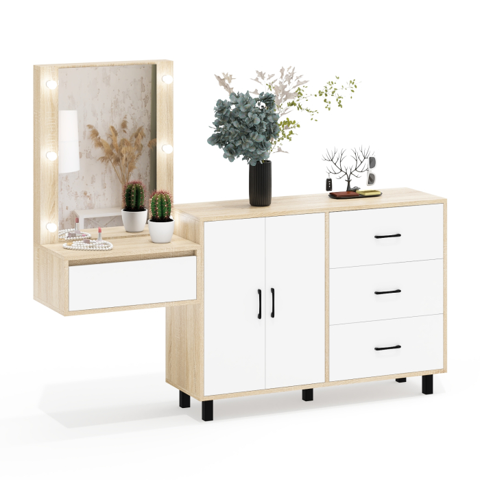 С зеркалом, Стол косметический навесной с подсветкой и тумба-комод 123-1204.