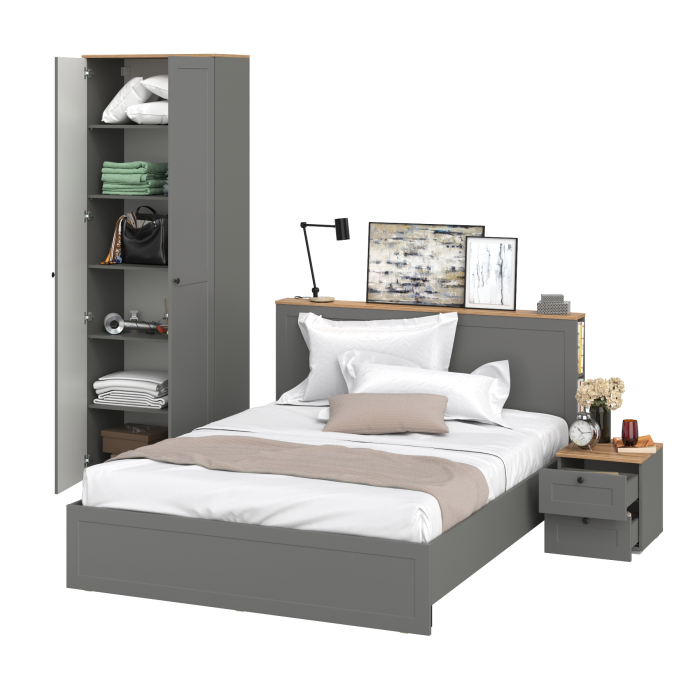 Спальные гарнитуры, Двухспальная кровать Остин с ортопедическим основанием и шкаф с полками 16.307 с тумбочкой прикроватной