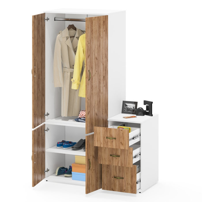 Домашние кабинеты, Тумбочка с тремя выдвижными ящиками и глубокий шкаф для одежды Лидер-8