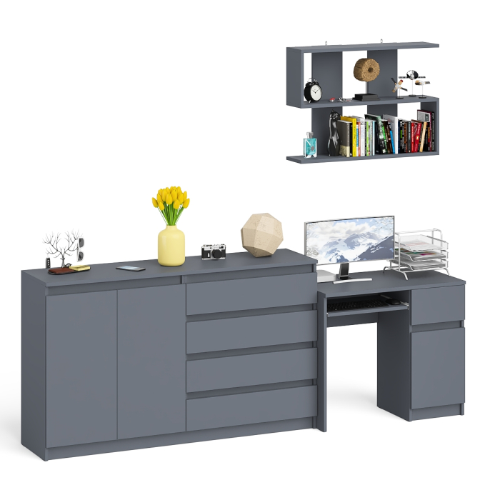 Домашние кабинеты, Тумба-комод с дверками и ящиками на 1600 со столом с тумбой и ящиком справа и навсеной полкой Мори