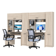 Прямые компьютерные столы, Комплект из двух рабочих столов Альфа с надстройками и двумя серыми компьютерными креслами