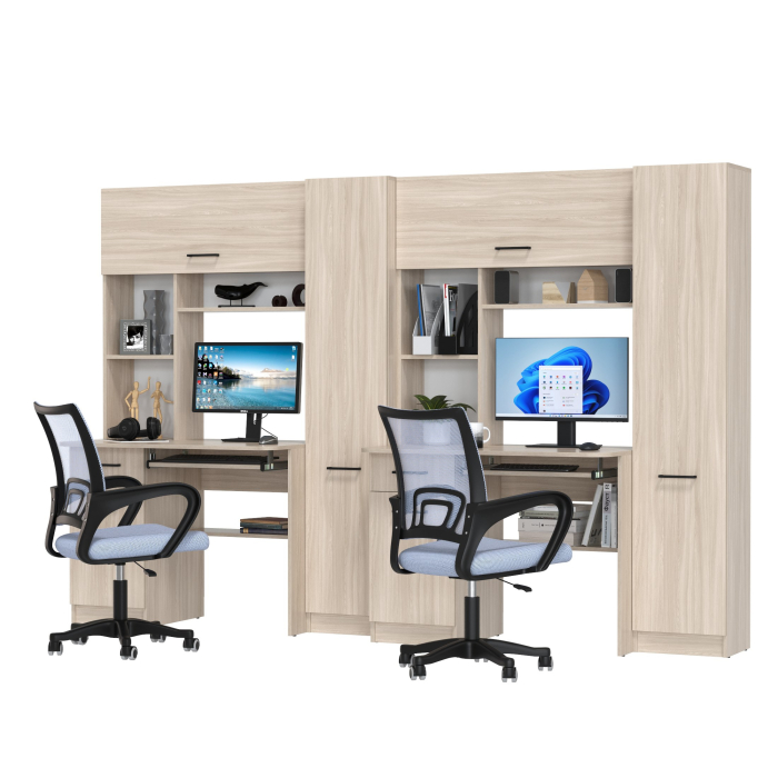 Прямые компьютерные столы, Комплект из двух рабочих столов Альфа с надстройками и двумя серыми компьютерными креслами