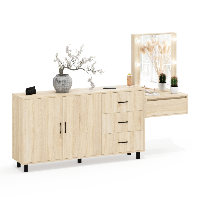 С зеркалом, Косметический навесной столик с подсветкой и комод с ящиками и дверками 123-1604