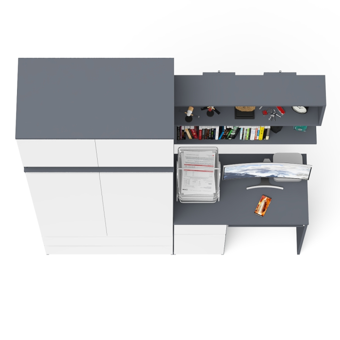 Домашние кабинеты, Стол однотумбовый Мори МС-1 левый с полкой навесной и комодом-шкафом с антресолью