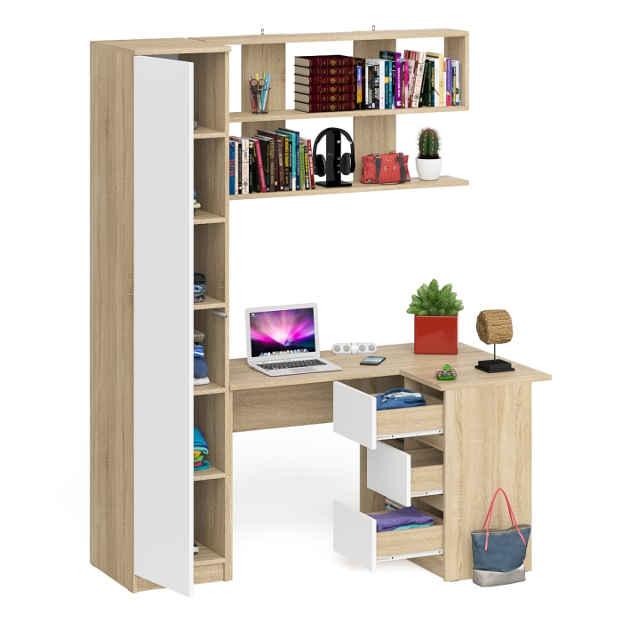 Домашние кабинеты, Стол угловой компьютерный Мори МС-16 правый с пеналом с полками и навесной открытой полкой 1200