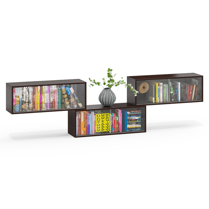 Настенные полки, Три книжные полки КН1 со стеклянными сдвижными дверками