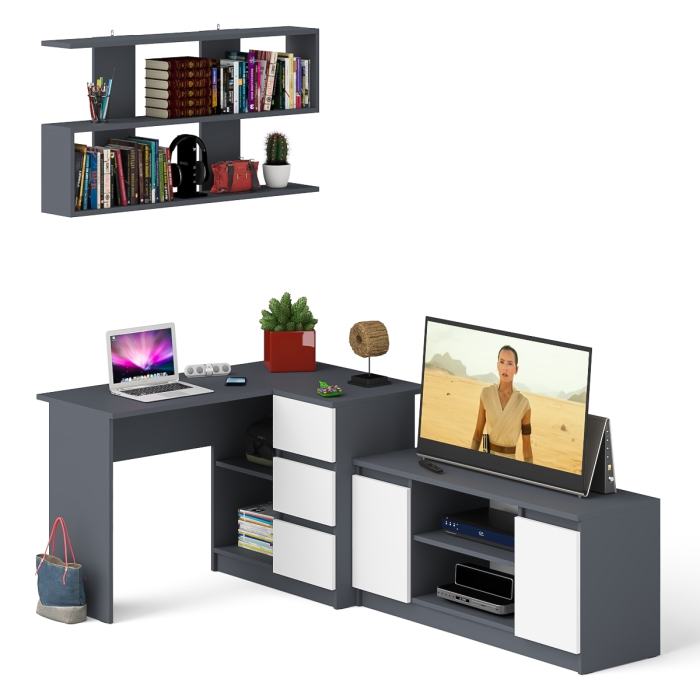 Домашние кабинеты, Стол угловой компьютерный Мори МС-16 правый с книжной полкой и ТВ-тумбой МТВ1200.1