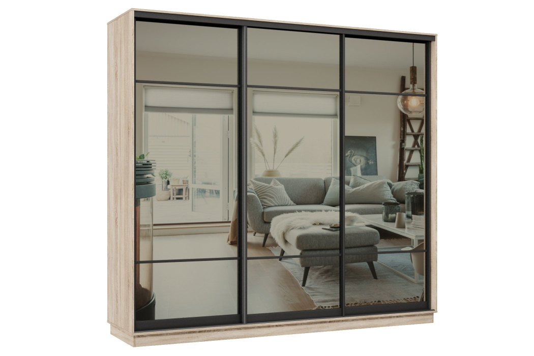 Шкафы-купе 3-х дверные, Шкаф-купе Премьер 35 (11ЗГ;11ЗГ;11ЗГ) фасады зеркало графит/трёхдверный/Профиль чёрный муар