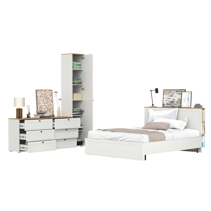 Спальные гарнитуры, Комод шесть ящиков Остин с кроватью 1600 с основанием и пеналом с полками