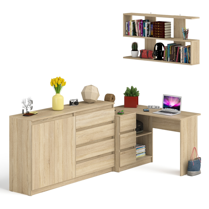 Домашние кабинеты, Угловой компьютерный стол с тремя ящиками Мори МС-16 левый с тумбой-комодом и книжной полкой