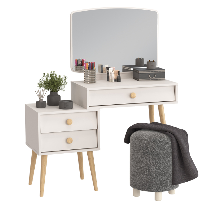 С зеркалом, Пуфик мягкий Марта и туалетный стол в спальню Афина
