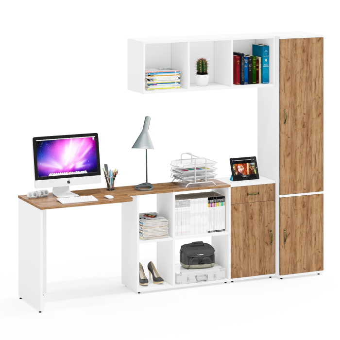 Домашние кабинеты, Пенал для белья с пятью полками Лидер-8 со столом для письма с полкой и тумбой