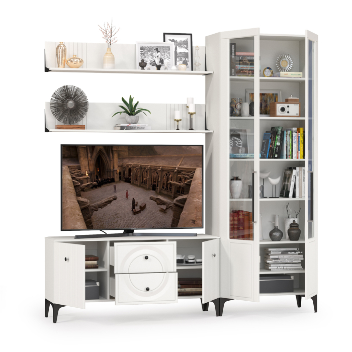 Стенки для гостиной, Сервант со стеклом и ТВ-тумба с двумя верхними полками Валенсия № 59