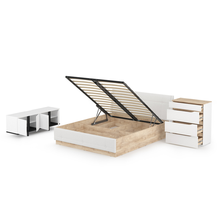 Спальные гарнитуры, Спальный гарнитур Муссон № 22 белый/чёрный/дуб эндгрейн/иск.к белая, 1600х2000 мм