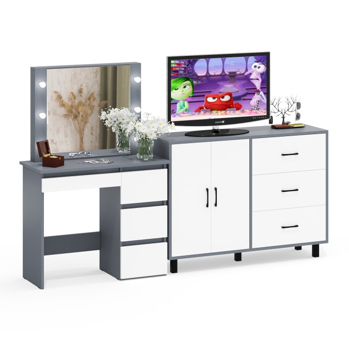 С зеркалом, Комод-тумба 123-1204 и столик косметический с подсветкой и зеркалом Сура