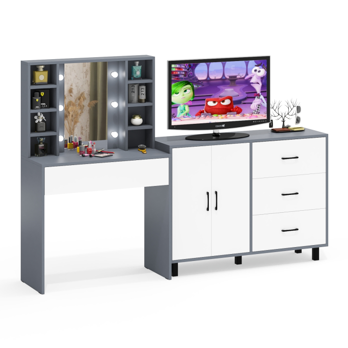 С зеркалом, Туалетный столик с подсветкой 115 и тумба-комод 123-1204