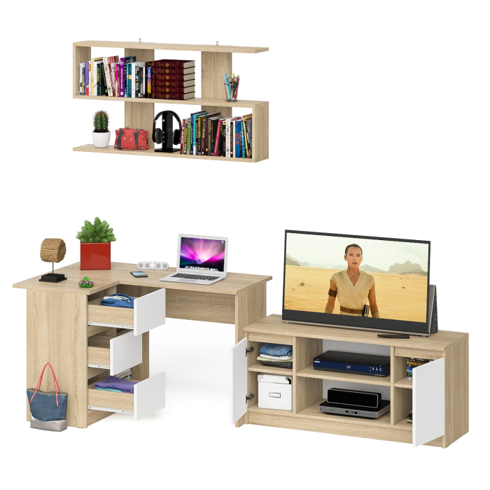 Домашние кабинеты, Угловой стол компьютерный Мори МС-16 левый с тумбой под ТВ и полкой для книг