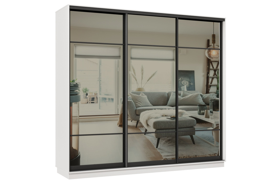 Шкафы-купе 3-х дверные, Шкаф-купе Премьер 33 (11ЗГ;11ЗГ;11ЗГ) фасады зеркало графит/трёхдверный/Профиль чёрный муар