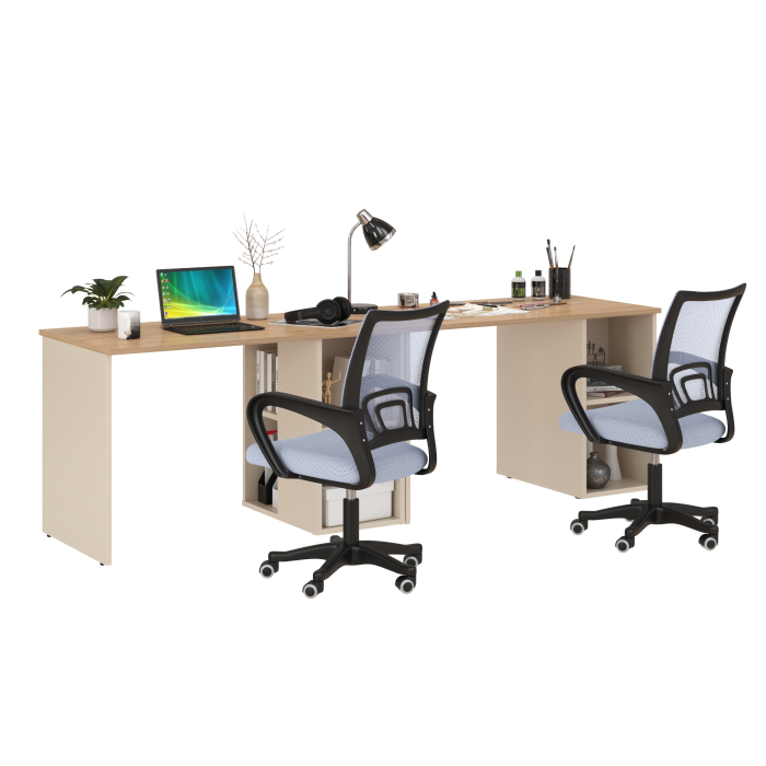 Прямые компьютерные столы, Набор для работы и учёбы из двух столов письменных Лайт 12.163 и двух серых кресел