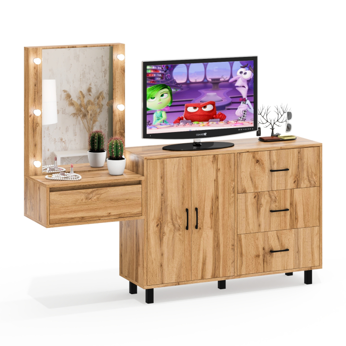 С зеркалом, Стол косметический навесной с подсветкой и тумба-комод 123-1204.