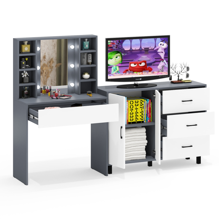 С зеркалом, Туалетный столик с подсветкой 115 и тумба-комод 123-1204