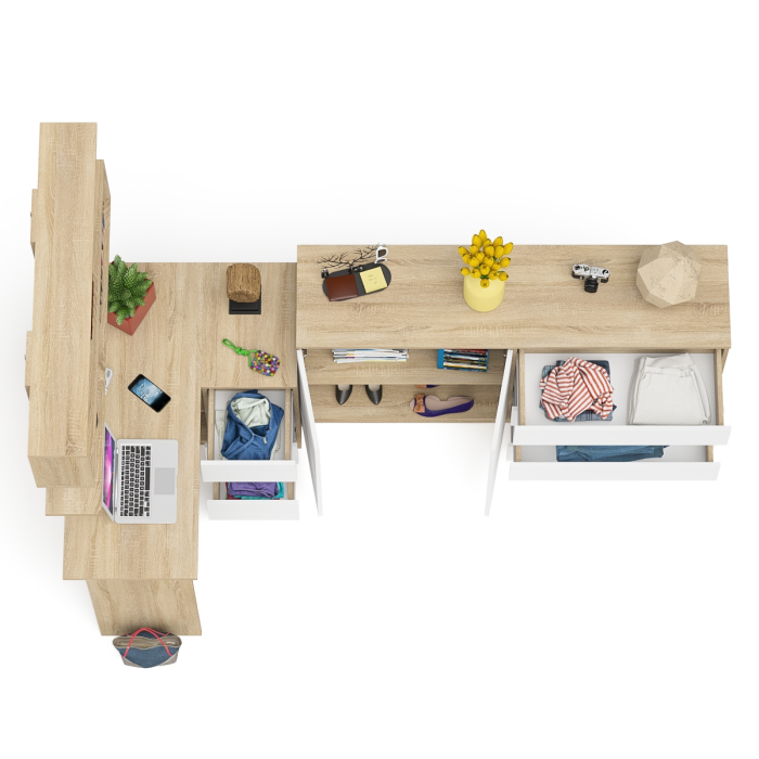 Домашние кабинеты, Тумба-комод МК1600.1 Мори с навесной книжной полкой и угловой компьютерный стол МС-16 правый