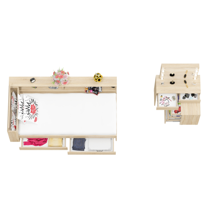 Спальные гарнитуры, Столик косметический с лампочками 110 и Ксения 900 односпальная кровать с ящиками и прикроватным блоком