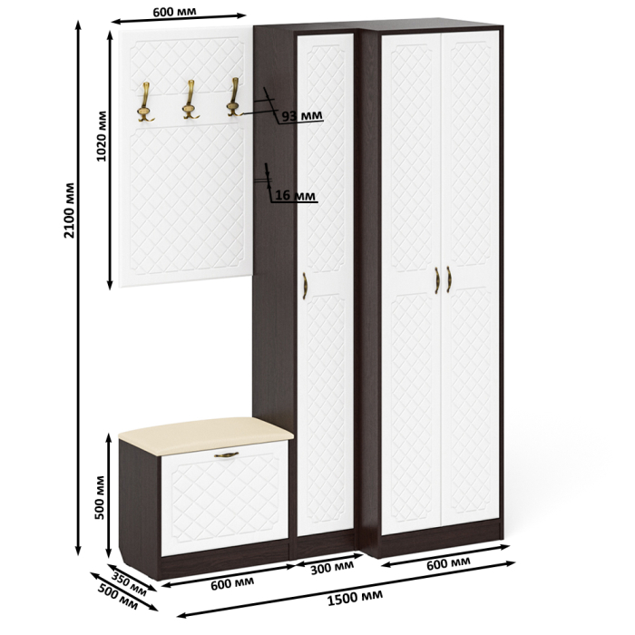 Прихожие, Пенал для прихожей с обувницей с вешалкой и шкаф П-6 № 27 МДФ фрезеровка ромб